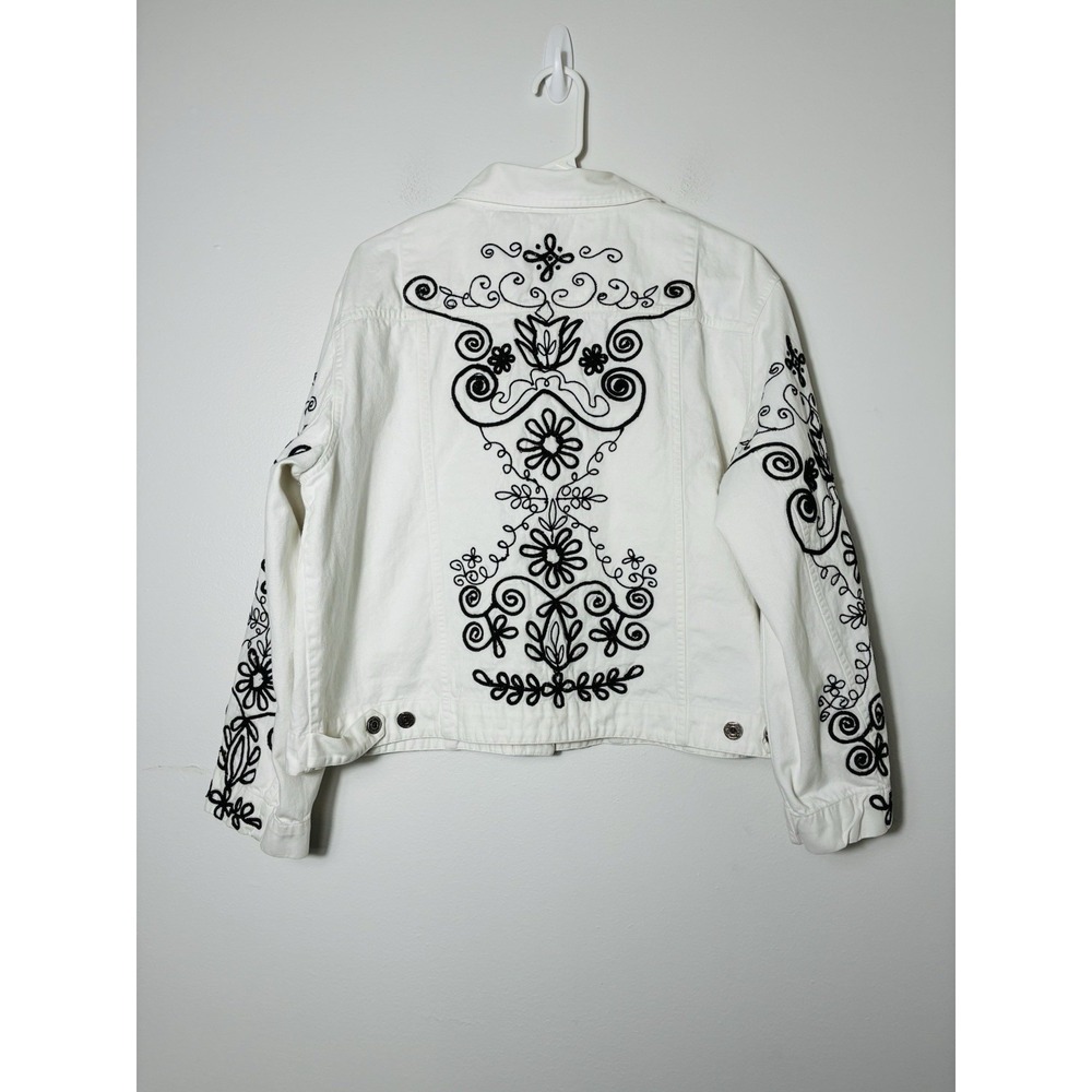 Chicos Fully Embroidered Jean Jacket Women's XL White/black Boho 100% Cotton - Picture 4 of 6